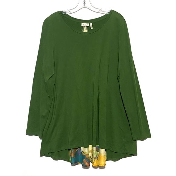 Lori Goldstein LOGO Modal Blend Green Shirt Colorful Sheer Back Panel Womens L - Picture 2 of 7